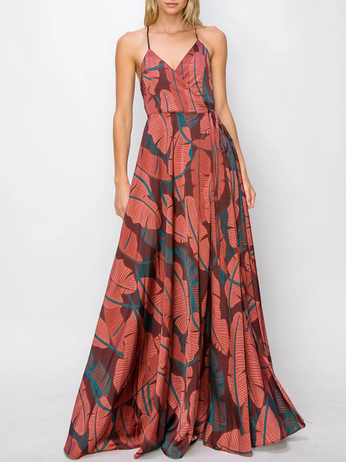 WOMEN'S SLEEVELESS LEAF PRINT WRAP MAXI DRESS