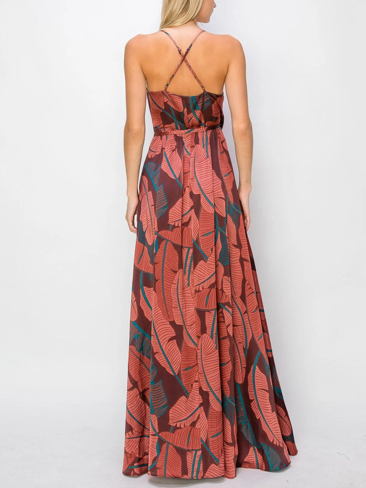 WOMEN'S SLEEVELESS LEAF PRINT WRAP MAXI DRESS