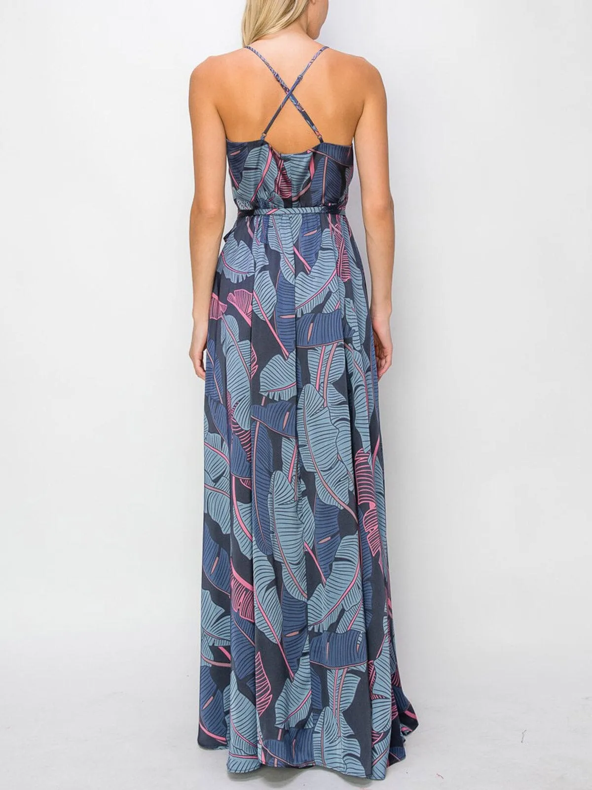 WOMEN'S SLEEVELESS LEAF PRINT WRAP MAXI DRESS