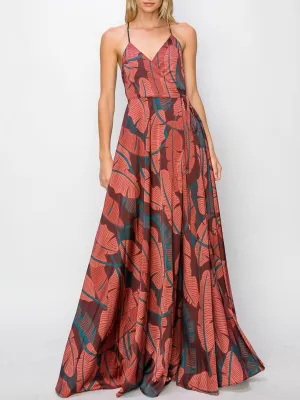 WOMEN'S SLEEVELESS LEAF PRINT WRAP MAXI DRESS