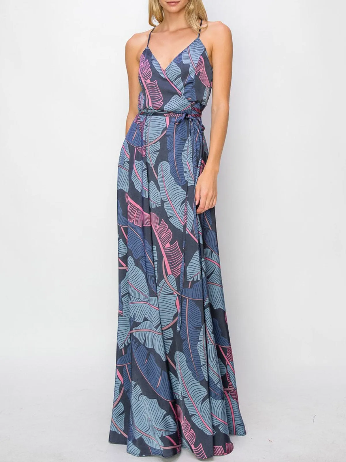 WOMEN'S SLEEVELESS LEAF PRINT WRAP MAXI DRESS