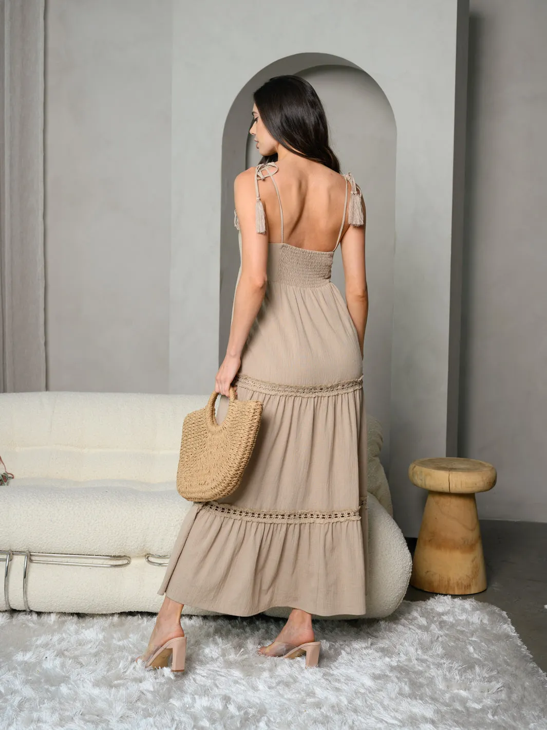 WOMEN'S TASSEL STRAP TIERED MAXI DRESS