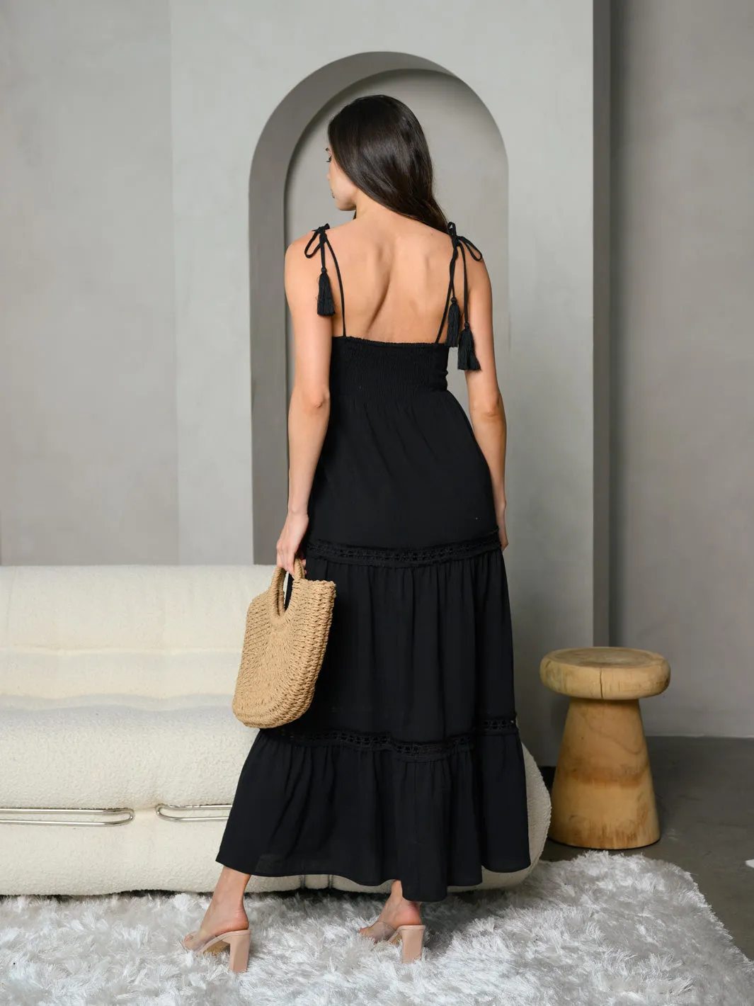WOMEN'S TASSEL STRAP TIERED MAXI DRESS