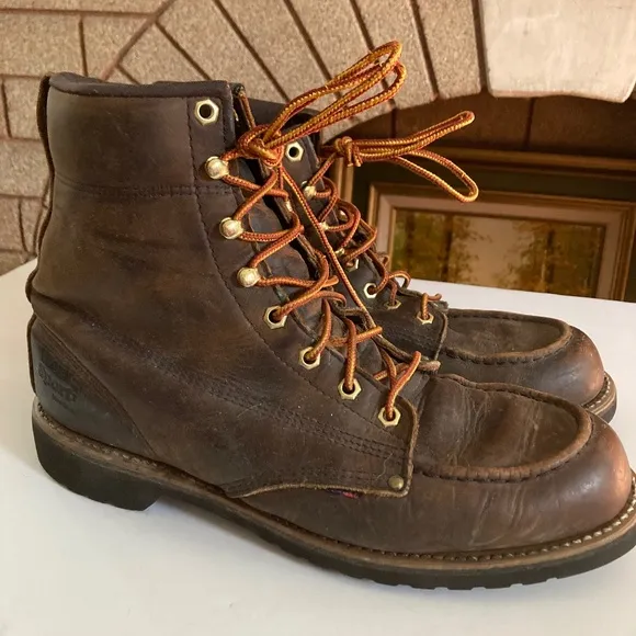 Work Sport Brown Leather Lace Up Brass Grommet Men’s Work Boot Size 11D