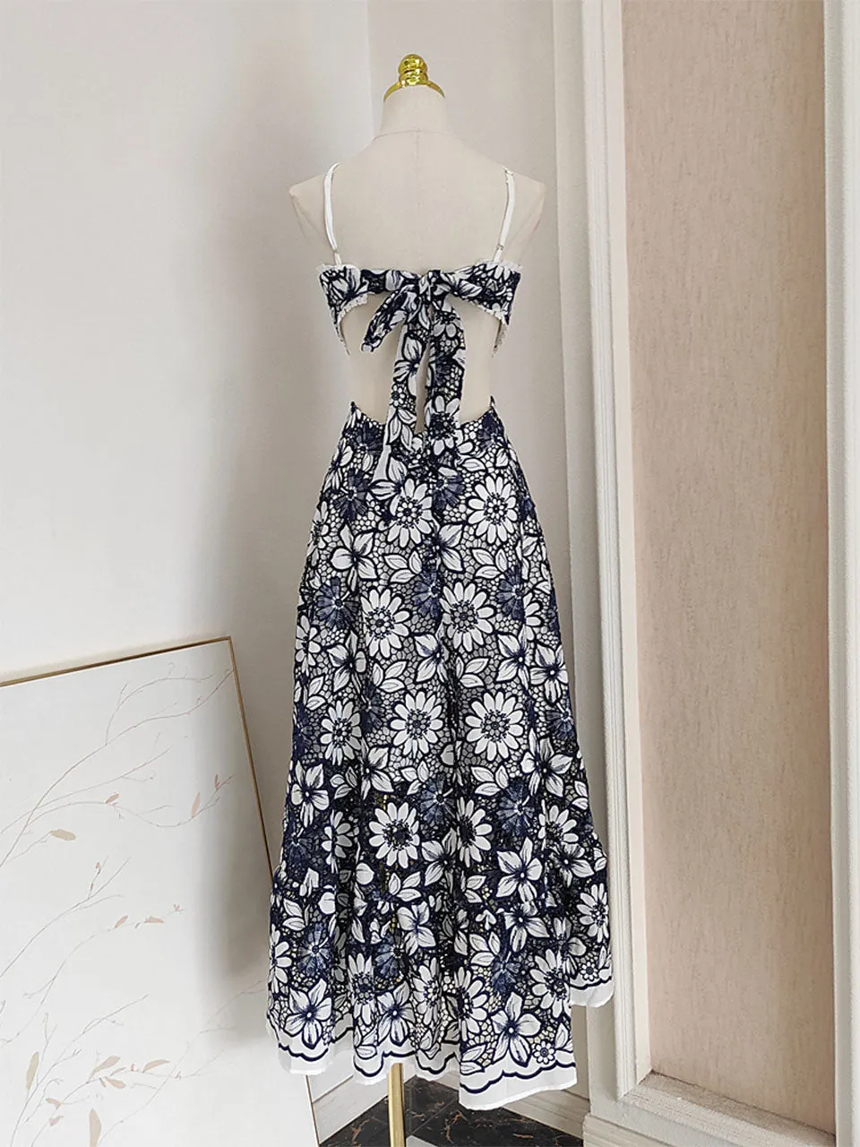 Yellow Lace Flower Halter Backless Swing Dress