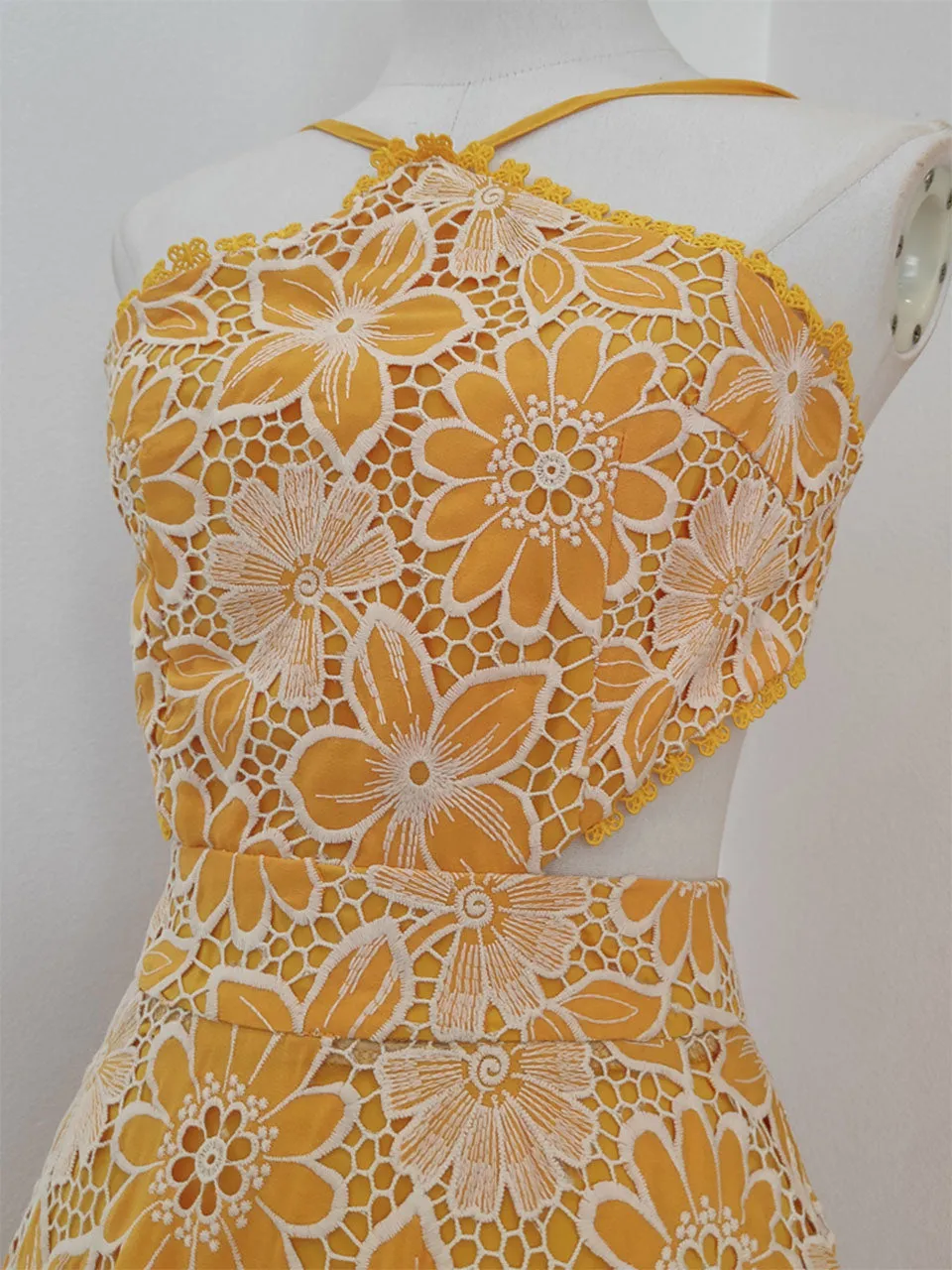 Yellow Lace Flower Halter Backless Swing Dress